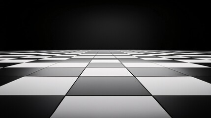 A giant chessboard where the pieces appear larger the closer they get, creating a forced perspective illusion. The black and white tiles seem to stretch infinitely into the horizon. Moody lighting,