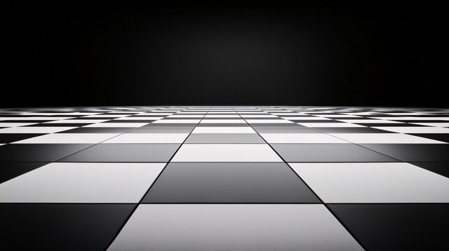A giant chessboard where the pieces appear larger the closer they get, creating a forced perspective illusion. The black and white tiles seem to stretch infinitely into the horizon. Moody lighting,