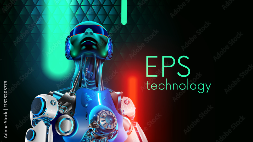 Poster AI. Artificial intelligence humanoid robot concept. Artificial neural network in cyborg looking at up. AI mind. Robot face ai in green, red neon light. Cyborg or robot wise looking at up. Past future.