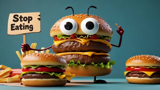 Fast food with a sign stop eating us: harmful ingredients, poor nutrition, wellness advocacy, eating habits, food awareness, health caution, diet improvement, processed meals, lifestyle choice - Powered by Adobe