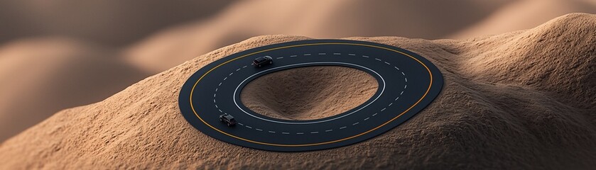 A mountain road where the peak bends back down into the valley, creating an infinite loop. The vehicles appear to drive both up and down simultaneously. Ultra-realistic textures, hyper-detailed