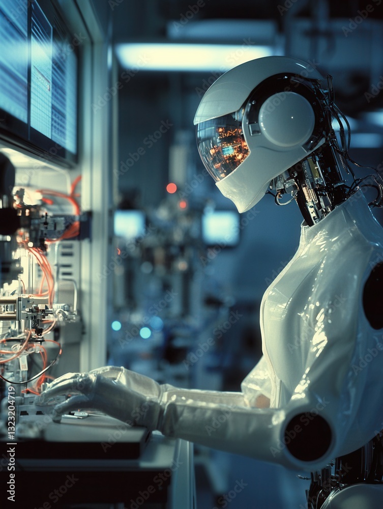 Poster Robot works efficiently in a high-tech laboratory with advanced technology and blinking lights