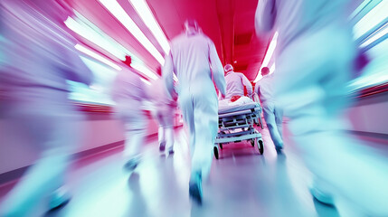 Healthcare workers rushing down a hospital hallway with a sense of urgency and motion blur. 