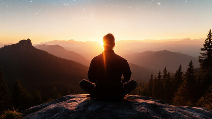 Obraz premium A person sitting comfortably on a rock under the stars enjoying stargazing in the wilderness surrounded by nature