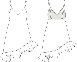 sleeveless strapped strappy spaghetti straps asymmetric frilly frilled frill hem short mini a line elastic dress template technical drawing flat sketch cad mockup fashion woman design style model 
