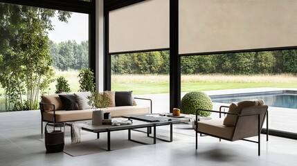 A vibrant garden setting is complemented by an outdoor patio featuring weatherproof motorized blinds that provide shade and privacy, embodying a versatile lifestyle concept