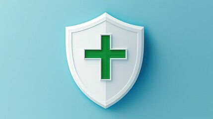 Obraz premium A stylized shield featuring a green cross, symbolizing health, safety, or medical services against a light blue background.