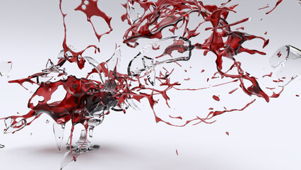 3D render of the wine glass shattered with the red wine splattered. 3D illustration of a glass of red wine shattered on a white background.