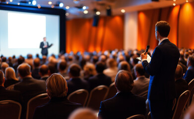 A person in a suit attending a conference or presentation, facing a screen with a group of speakers in the background.

