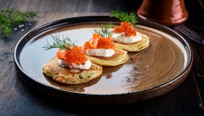gourmet blini with smoked salmon sour cream and roe on rustic plate