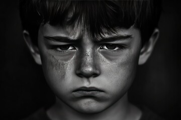 Fototapeta premium cropped portrait of stressed, hurt or lonely child boy. Black and white photography