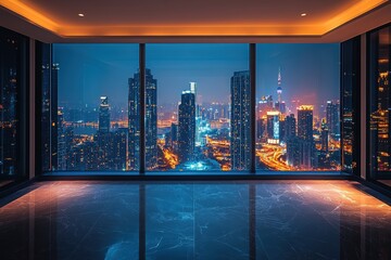 Night cityscape view from luxury penthouse. Perfect for real estate, travel, or modern city themes.