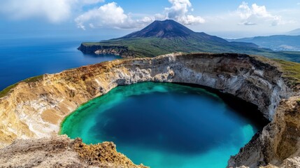 A crater lake forming inside an extinct volcano, its calm blue waters reflecting the sky with a scenic mountain range in the background