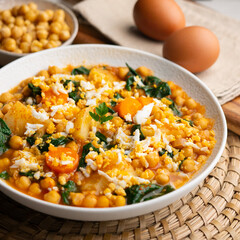 Delicious stew of potatoes and chickpeas stewed with spinach, vegetables and boiled egg. Traditional Spanish recipe.