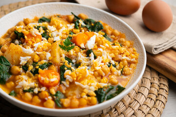 Delicious stew of potatoes and chickpeas stewed with spinach, vegetables and boiled egg. Traditional Spanish recipe.