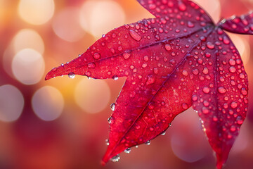 Close Up of a Bright Red Maple Leaf with Tiny Water Droplets