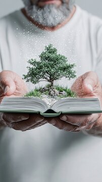 A person opening a book, but instead of pages, they find an entire miniature world inside, highly detailed textures, immersive storytelling, surreal yet realistic composition, breathtaking lighting