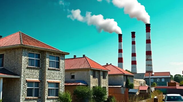 A Town Under Smog's Shadow:  A row of houses stands in stark contrast to the industrial might, with smokestacks emitting pollutants into the vibrant sky.