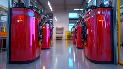 Fototapeta premium Future Energy, Battery Storage Facility for Green Power Solutions, Innovative energy facility designed for the future with advanced technology systems