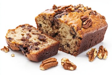 Nut bread with chocolate and walnuts displayed on a white background