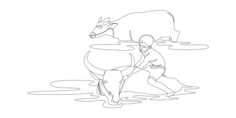 Child and Water Buffalo Bathing in the River — Minimalist Line Art Illustration