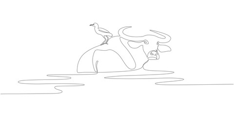 Buffalo and Bird in the River — Minimalist Line Art Illustration