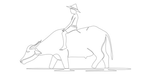 Traditional Farmer Riding a Water Buffalo — Minimalist Line Art Illustration
