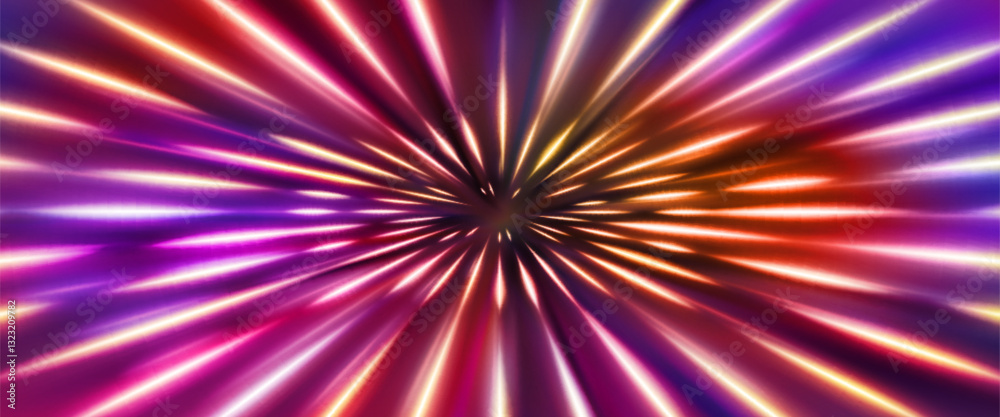 Poster Speed line effect with radial perspective. Luminous streaks exploding from central point creating movement illusion. Dynamic visual element for hyperspace travel, time warp or fast action sequence.