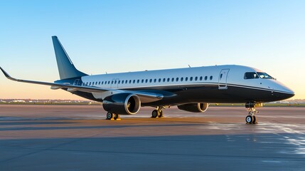 Luxury jet airplane on runway at sunset.