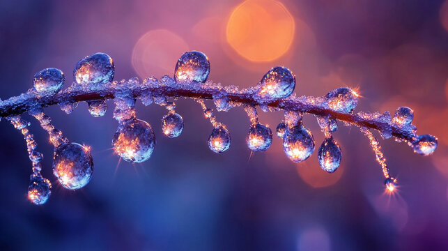 As sleet surrenders to warmth of sun, branch transforms into a breathtaking spectacle of glistening droplets, showcasing enchanting dance between frozen crystals and liquid pearls, while heralding imm