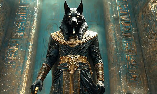 Anubis statue in ancient Egyptian temple, mystical atmosphere, background hieroglyphs, ideal for fantasy game art