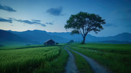Lush green tree standing tall in open field with a clear blue sky creating surreal atmosphere in minimalist scene