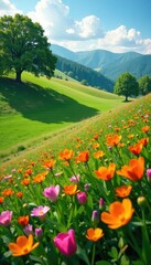 Fototapeta premium Colorful flowers in a rolling hillside with trees, tree, wildflower, foliage