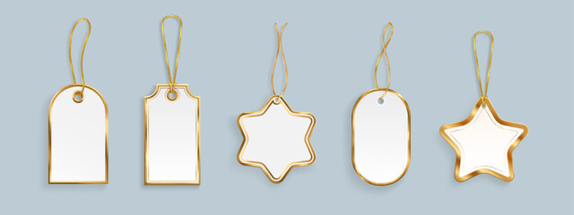 Paper price tags with golden frame set isolated on background. Vector realistic illustration of blank white oval, star shape badges hanging on string, sale or discount offer icon, gift card mockup