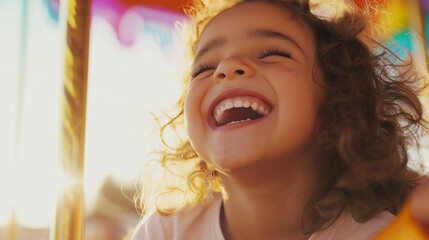 A young girl smiling and enjoying a carousel ride at an amusement park, full of joy and excitement.
