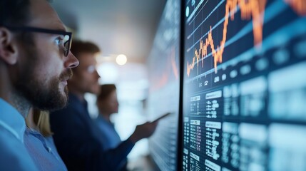 Diverse Corporate Team Engaged in Reviewing Data Analytics on Digital Screens