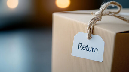 A close-up shot of a cardboard box with a "Return" tag, symbolizing a returned item or online shopping process.