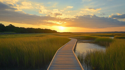 boardwalk at a coastal marsh sunset tranquility, ease of access, and a strong bond between visitors and surrounding natural environment, including marsh grasses and aquatic life