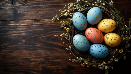Obraz premium Easter Nest with Colorful Speckled Eggs on Rustic Wooden Background with a copy space