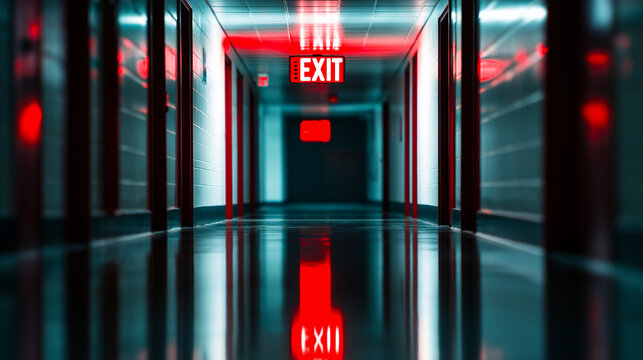 A glowing red "EXIT" sign in a dimly lit hallway, symbolizing escape, emergency, or safety.
