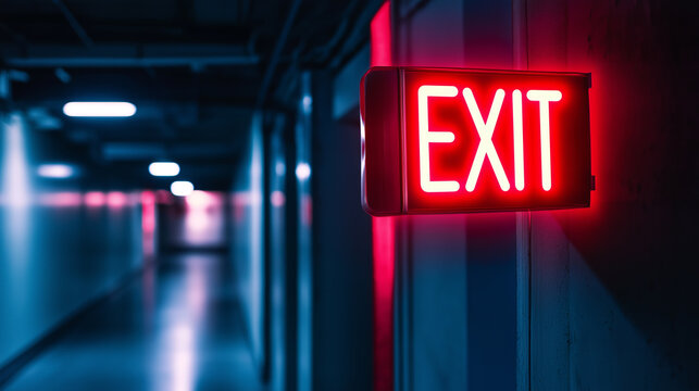 A glowing red "EXIT" sign in a dimly lit hallway, symbolizing escape, emergency, or safety.
