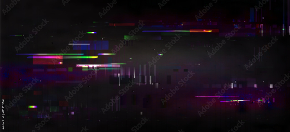 Fototapete Abstract glitch lines on black TV screen. Vector realistic illustration of pixel noise effect on computer display, video game rewind pattern, old technology background, hacked software, cyber attack