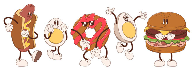 Groovy breakfast characters collection - retro cartoon vector illustrations of hot dog, donut, egg halves and burger. Funky vintage food and snacks mascots set with quirky 70s vibes for cafe designs.