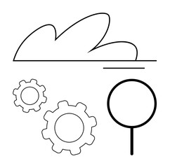 Cloud element, gears, magnifying glass representing teamwork, innovation, research, analysis, cloud computing, and optimization. Ideal for technology business strategy research data