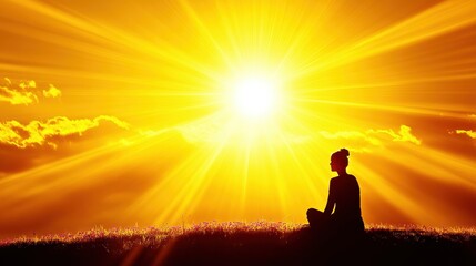 Silhouette of Woman Meditating at Sunset, Golden Hour Light, Peaceful Nature Scene