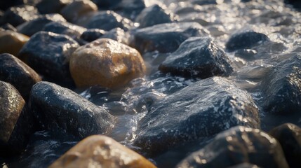 Obraz premium A serene mountain brook with crystalline water cascading over aged rocks, producing delicate white froth surrounded by natural earthy elements