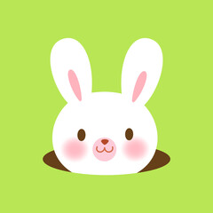 Cute bunny in a rabbit hole on green background.