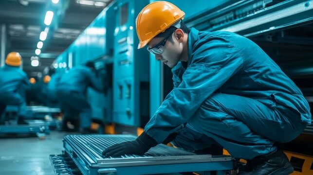 Streamlining Efficiency - Factory Worker Adjusting Conveyor Belt Alignment in Automated Warehouse