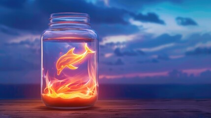 Dolphins swimming in a jar ocean sunset digital art fantasy environment close-up view imagination unleashed