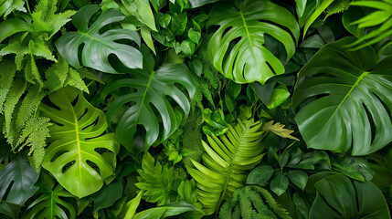 Fototapeta premium A close-up of various green tropical leaves creating a lush and vibrant botanical background.